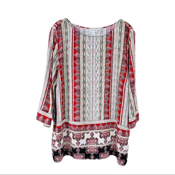 J. Jill red white boho floral lightweight 3/4 sleeve top medium - Picture 1 of 9